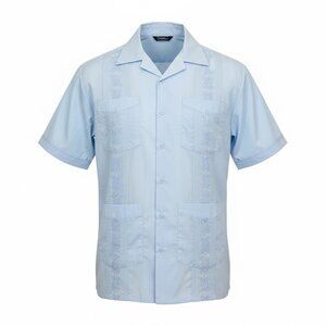Omega Men's Guayabera Shirt Light Blue Cuban Embroidered Pleated Size Large
